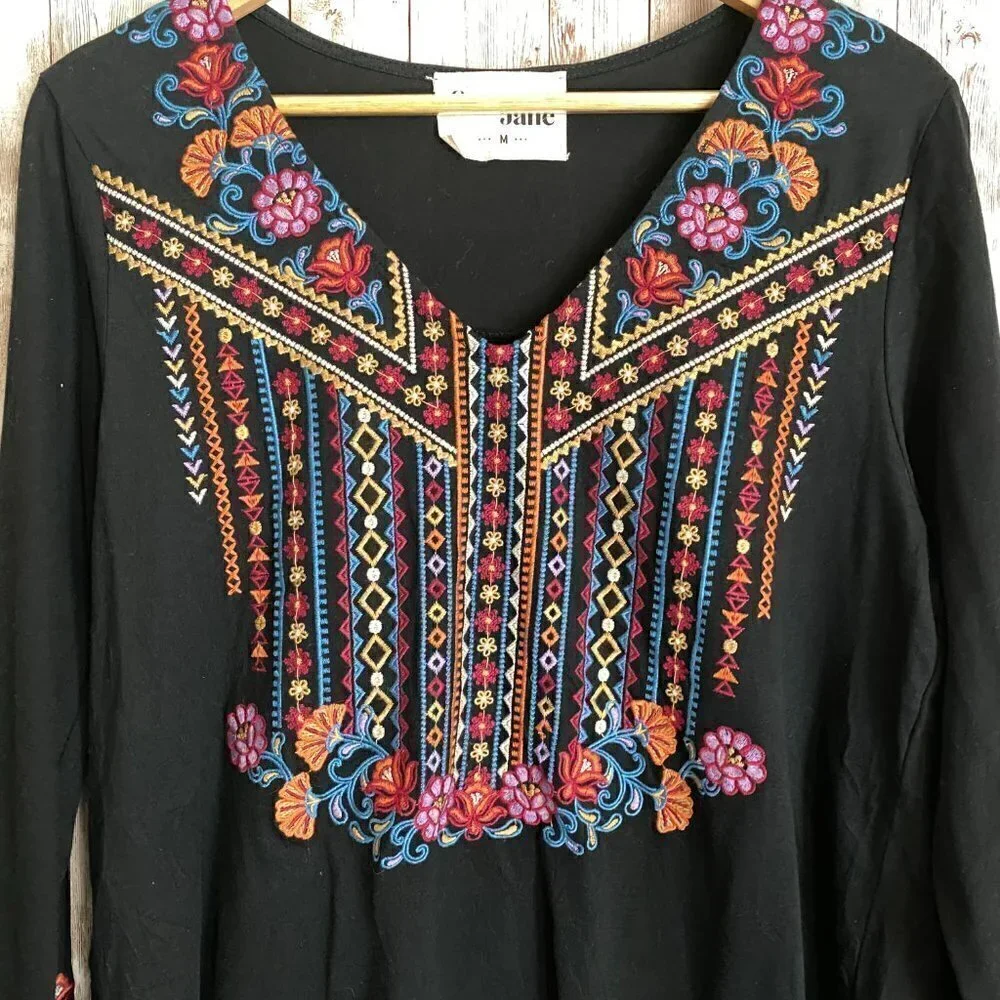 Savanna Jane Maci Embroidered Long Sleeve Boho Top Size Medium